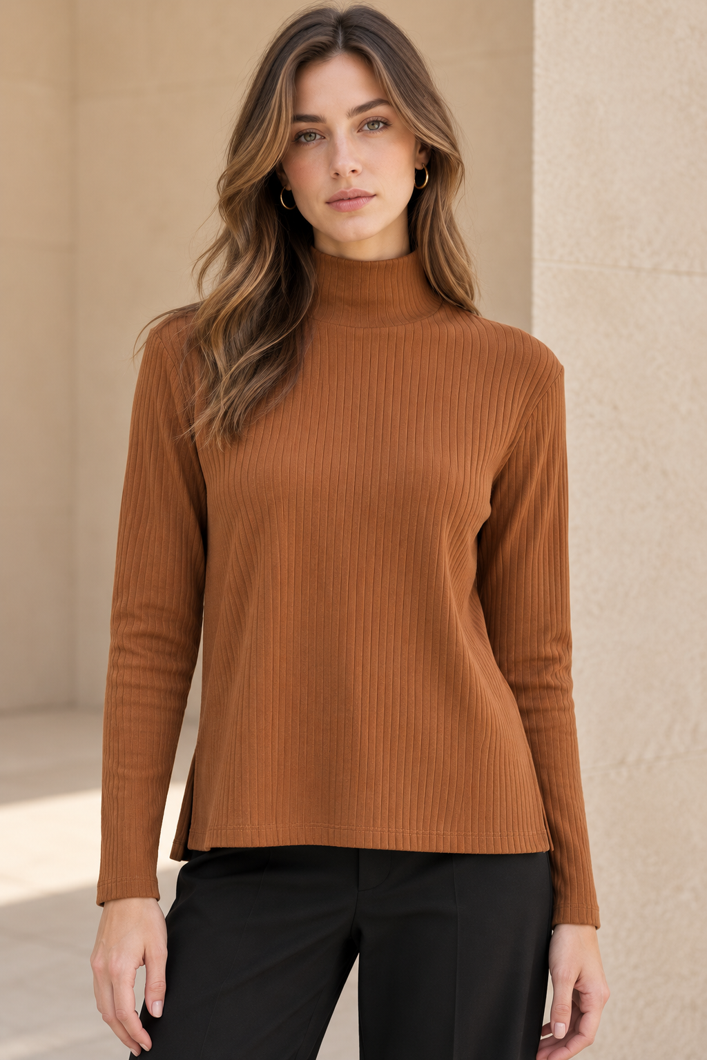 Blusas Para Mujer Acanalada Cuello Alto N43146 Ocre