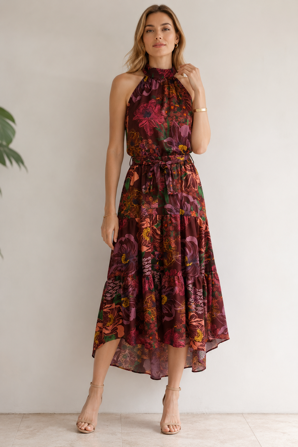 Vestidos Para Mujer Largo Floreado Cuello Halter S63103 Vino
