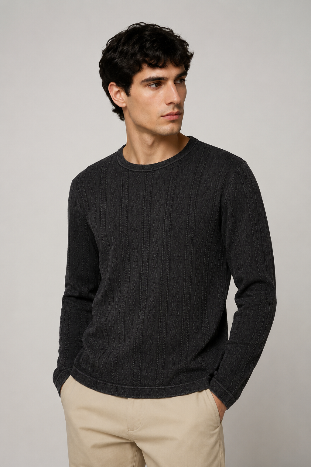 Playeras Para Hombre De Tejido Trenzado Manga Larga A65315 Negro
