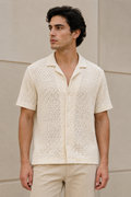 Camisas para Hombre Manga Corta de Punto Calada B65452 Hueso