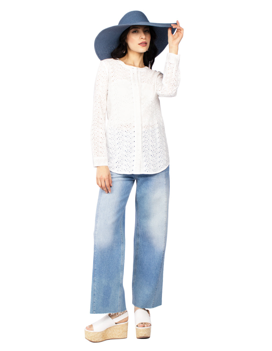Blusas Para Mujer Manga Larga Cuello Redondo Bordada N31146 Blanco