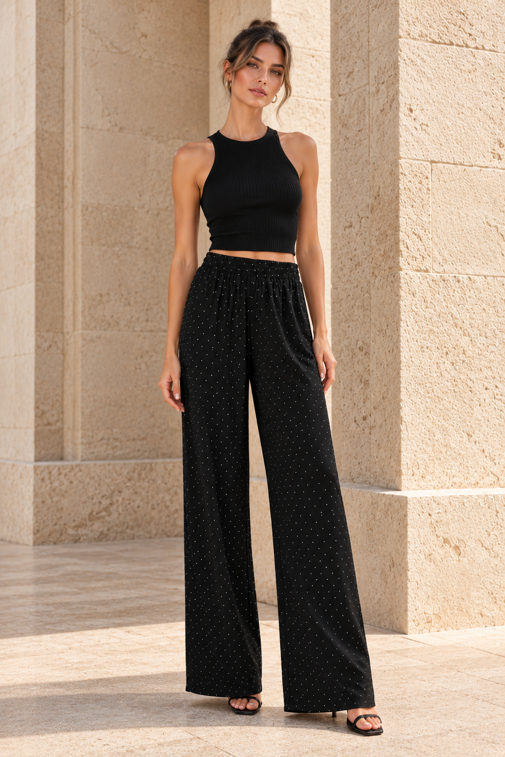 Pantalones Para Mujer Corte Amplio Con Cintura Elástica Y Cristales W63121 Negro