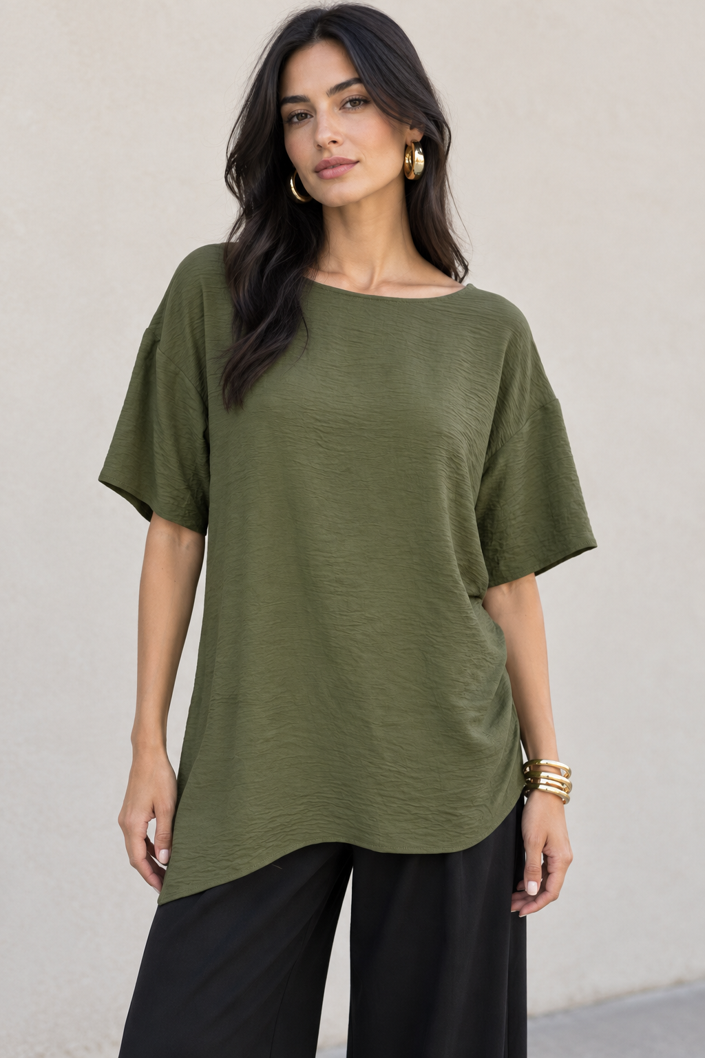 Blusas Para Mujer Asimétrica De Tela Fruncida Oversize N63115 Olivo