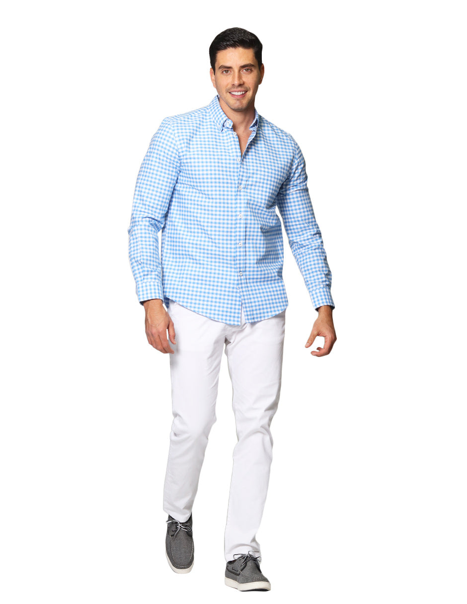 Camisas Para Hombre De Manga Larga Cuello Americano Con Estampado De Cuadros Slim Fit B41115 Cielo