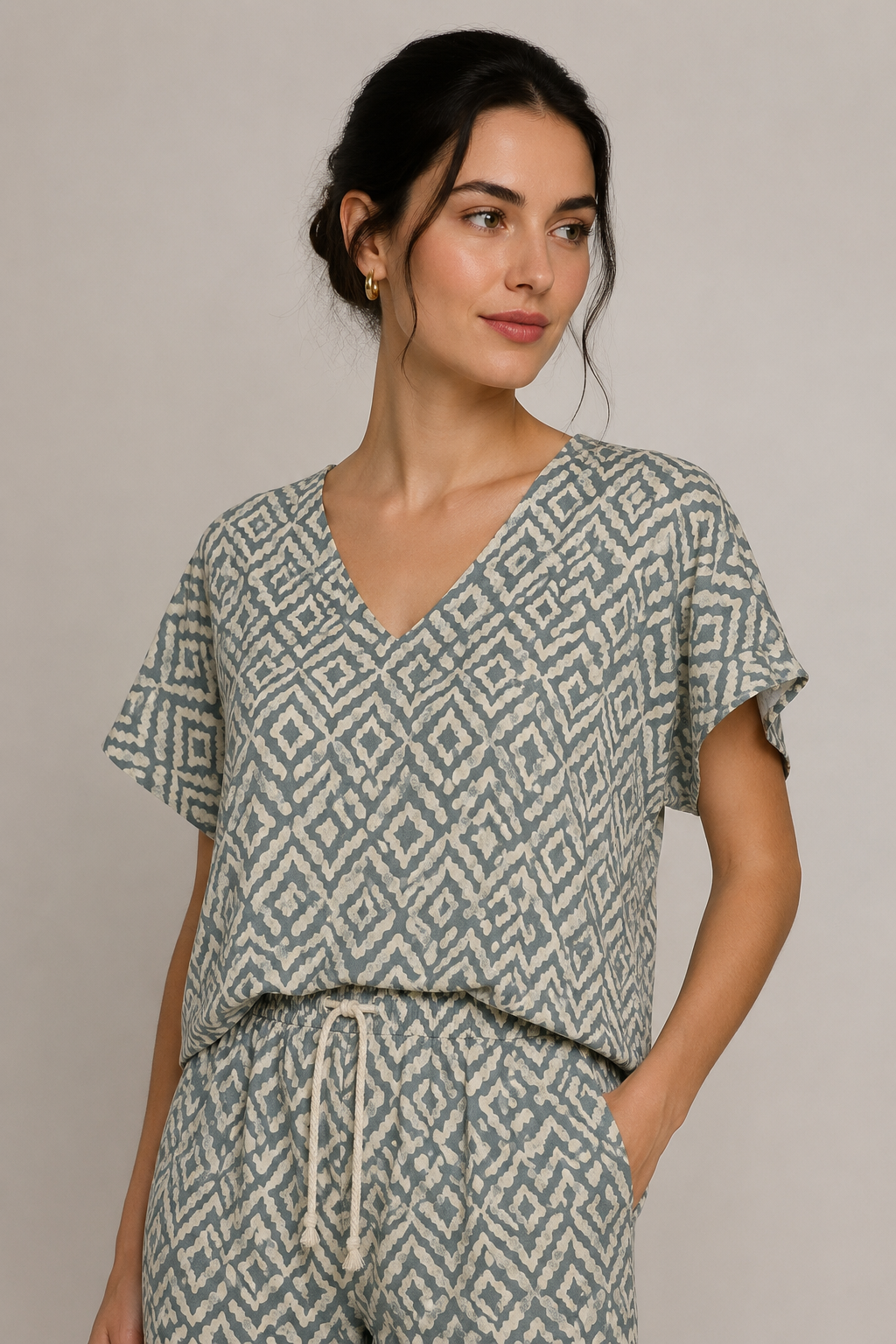 Blusas Para Mujer Ligera Cuello V Étnico N61122 Azul
