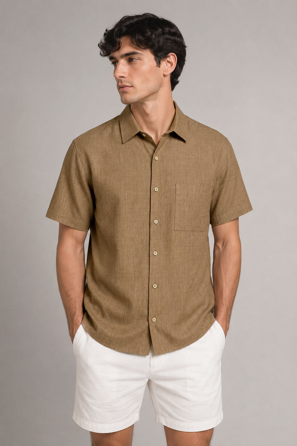 Camisas Para Hombre Manga Corta Albatros Tipo Lino Semi Recta B61561 Cocoa