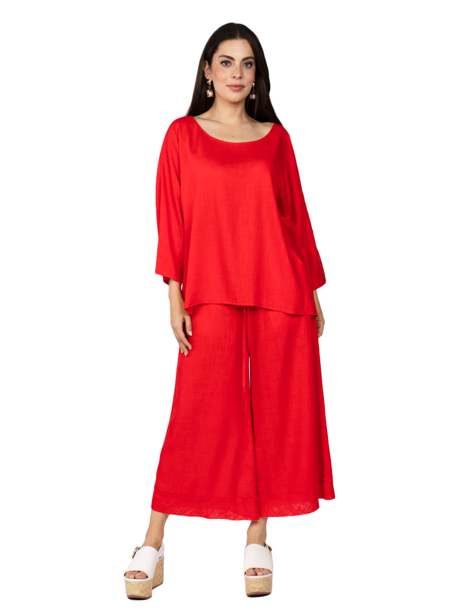 Blusas Para Mujer Bluson Manga 3/4 Tipo Lino N51147 Rojo