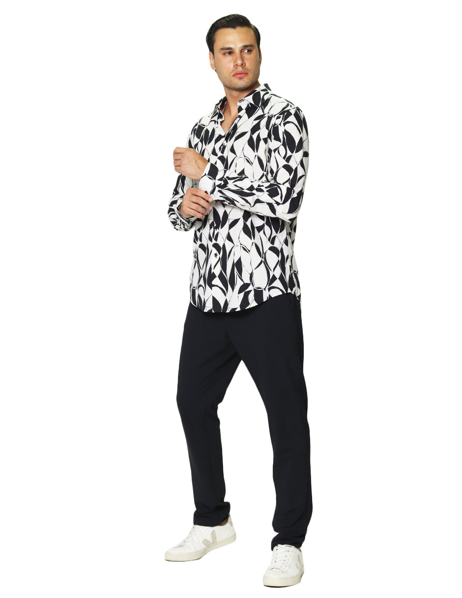 Camisas Para Hombre Manga Larga Estampado Abstracto B45517 Blanco