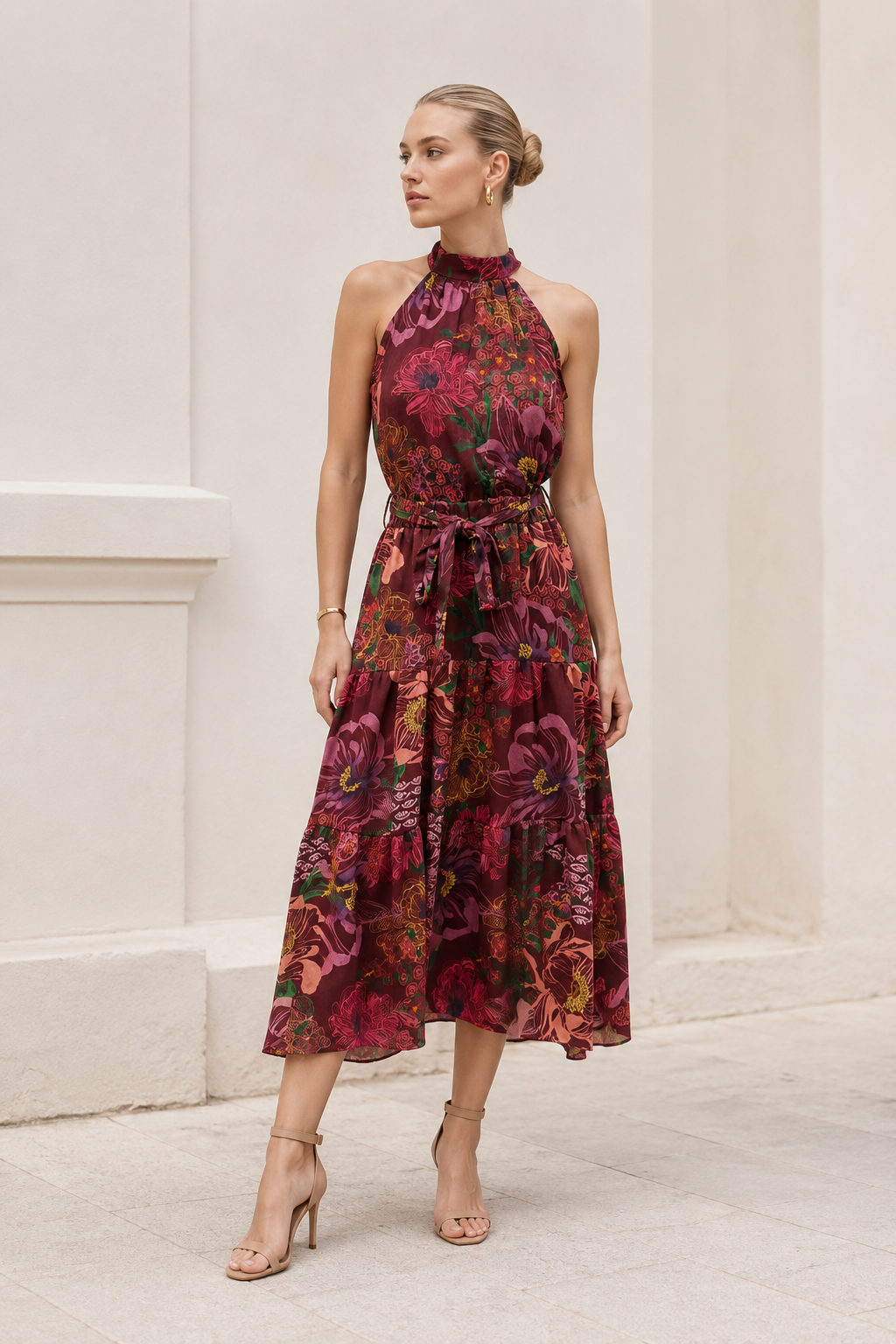 Vestidos Para Mujer Largo Floreado Cuello Halter S63103 Vino