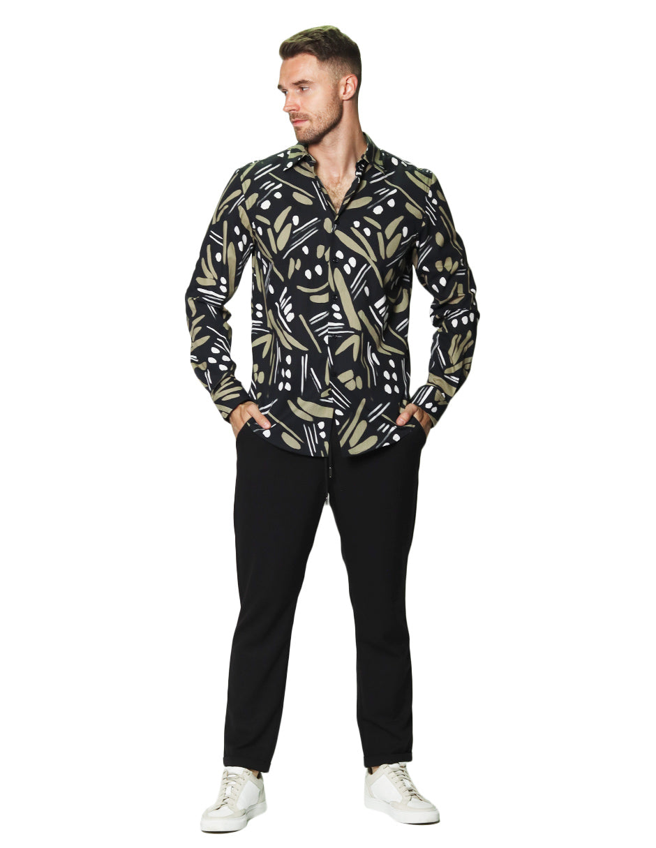 Camisas Para Hombre Manga Larga Estampado Abstracto B45527 Negro