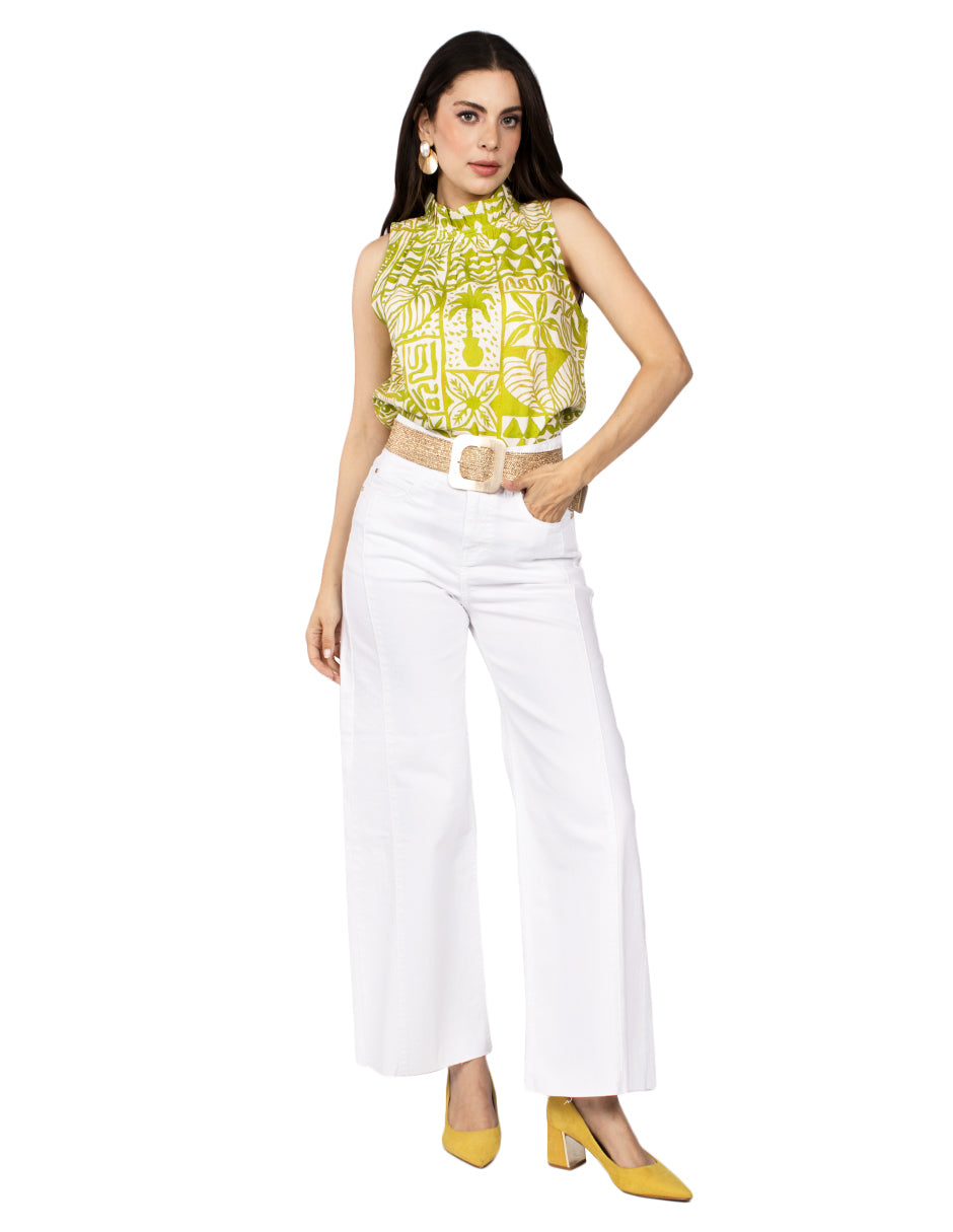 Blusas Para Mujer De Lino Cuello Alto Etnica N51118 Verde