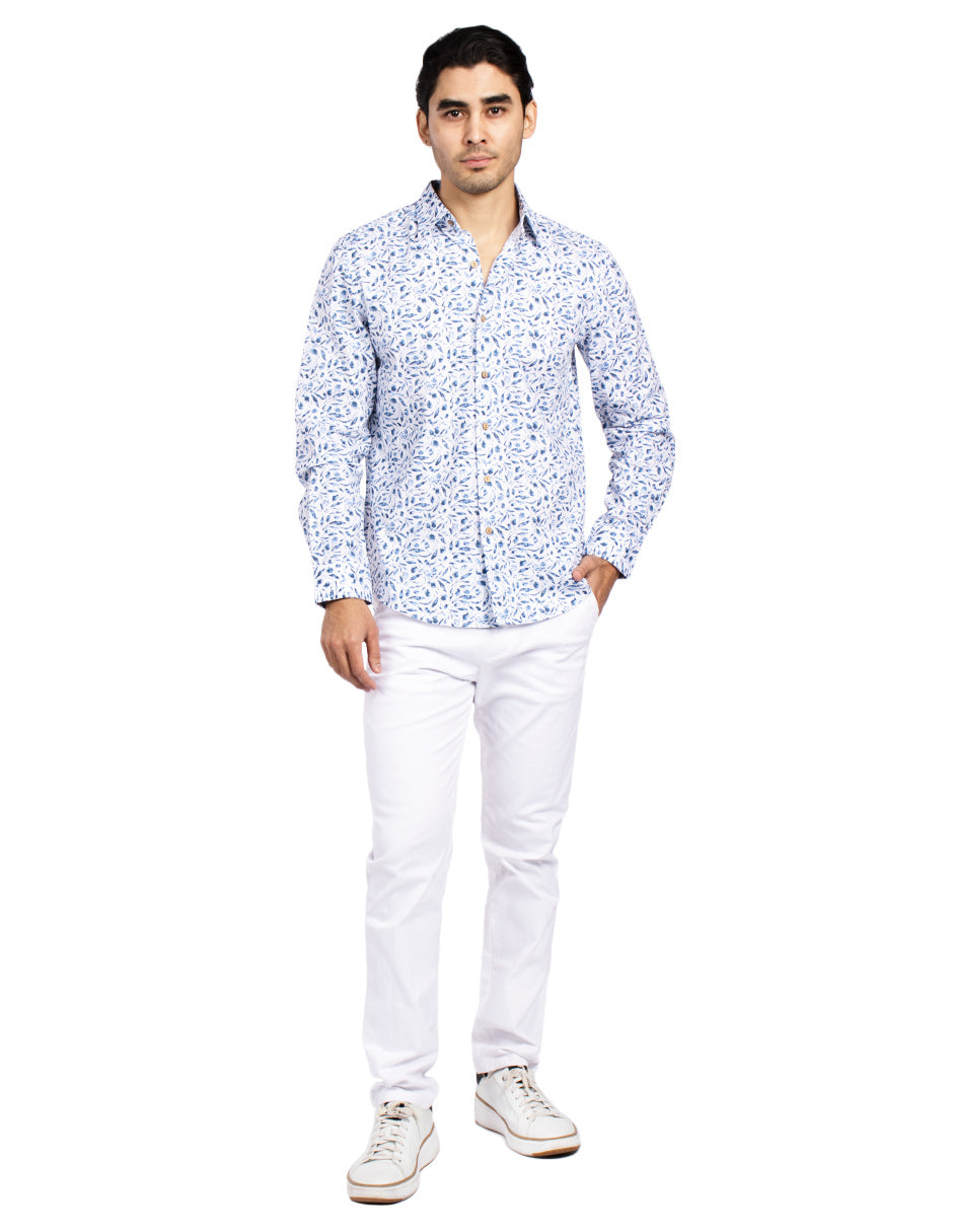 Camisas Para Hombre Estampada Tipo Lino B51326 Azul