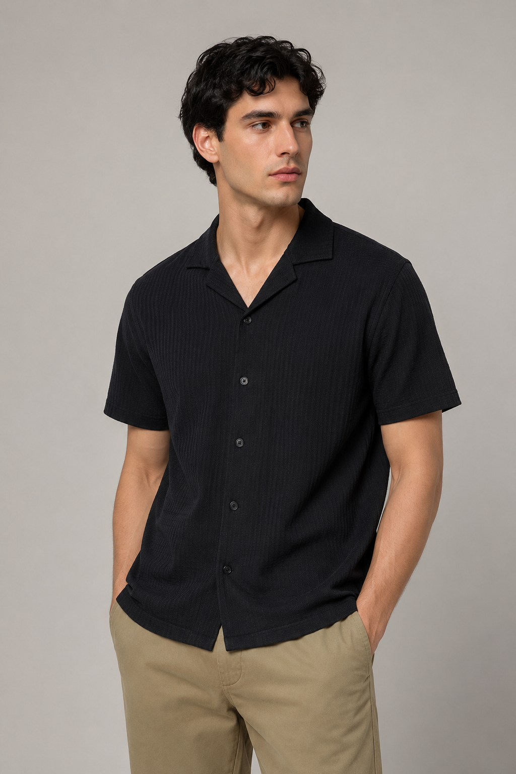 Camisas Para Hombre Manga Corta Tejido Tableado B65453 Negro
