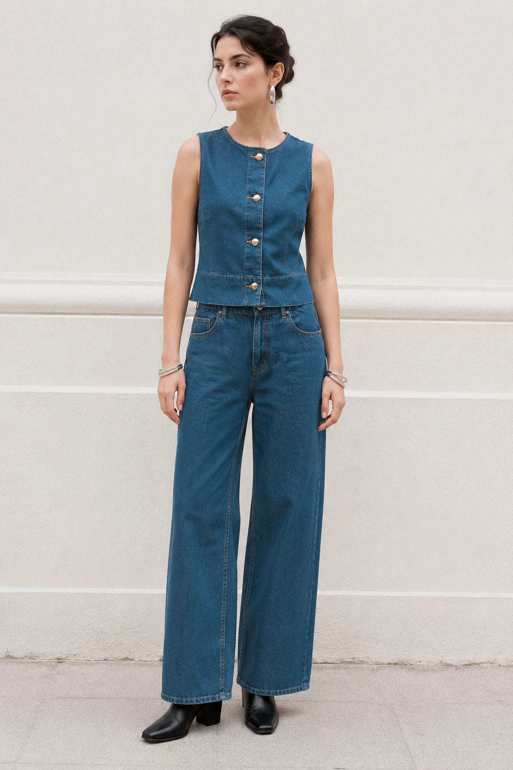 Jeans Para Mujer Mezclilla Flowy Wide Leg Con Cintura Elástica  V63102 Unico