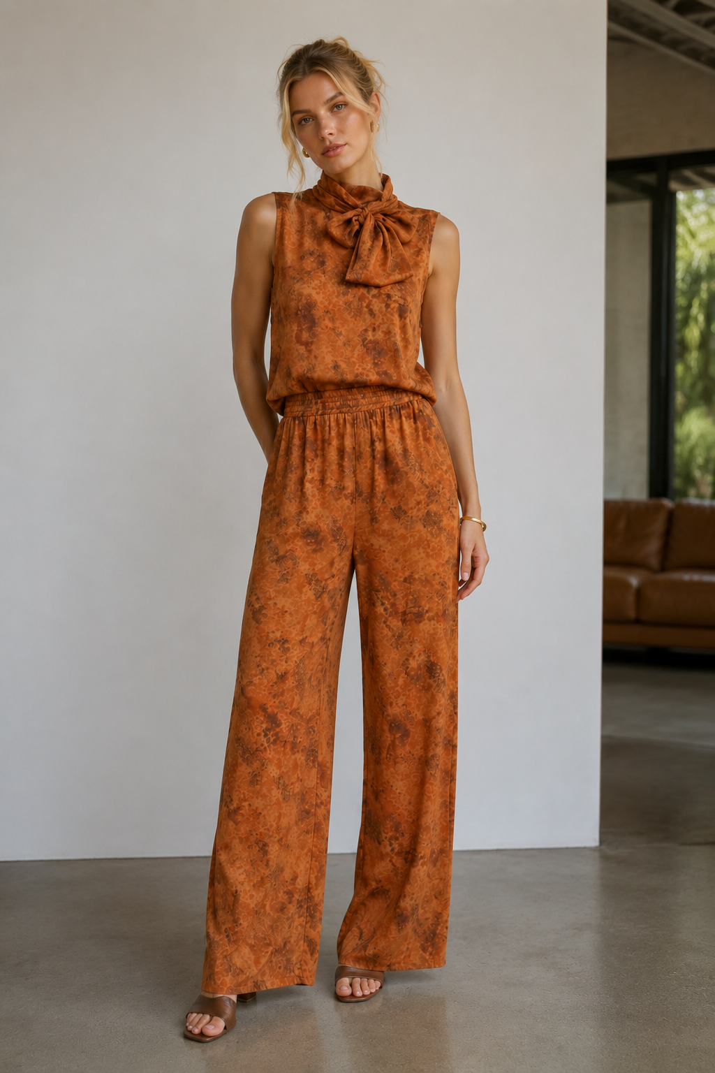Pantalones Para Mujer Pierna Ancha Con Resorte Estampado Abstracto W63105 Unico
