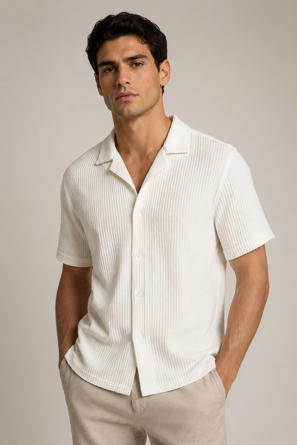 Camisas Para Hombre Manga Corta Tejido Tableado B65453 Hueso