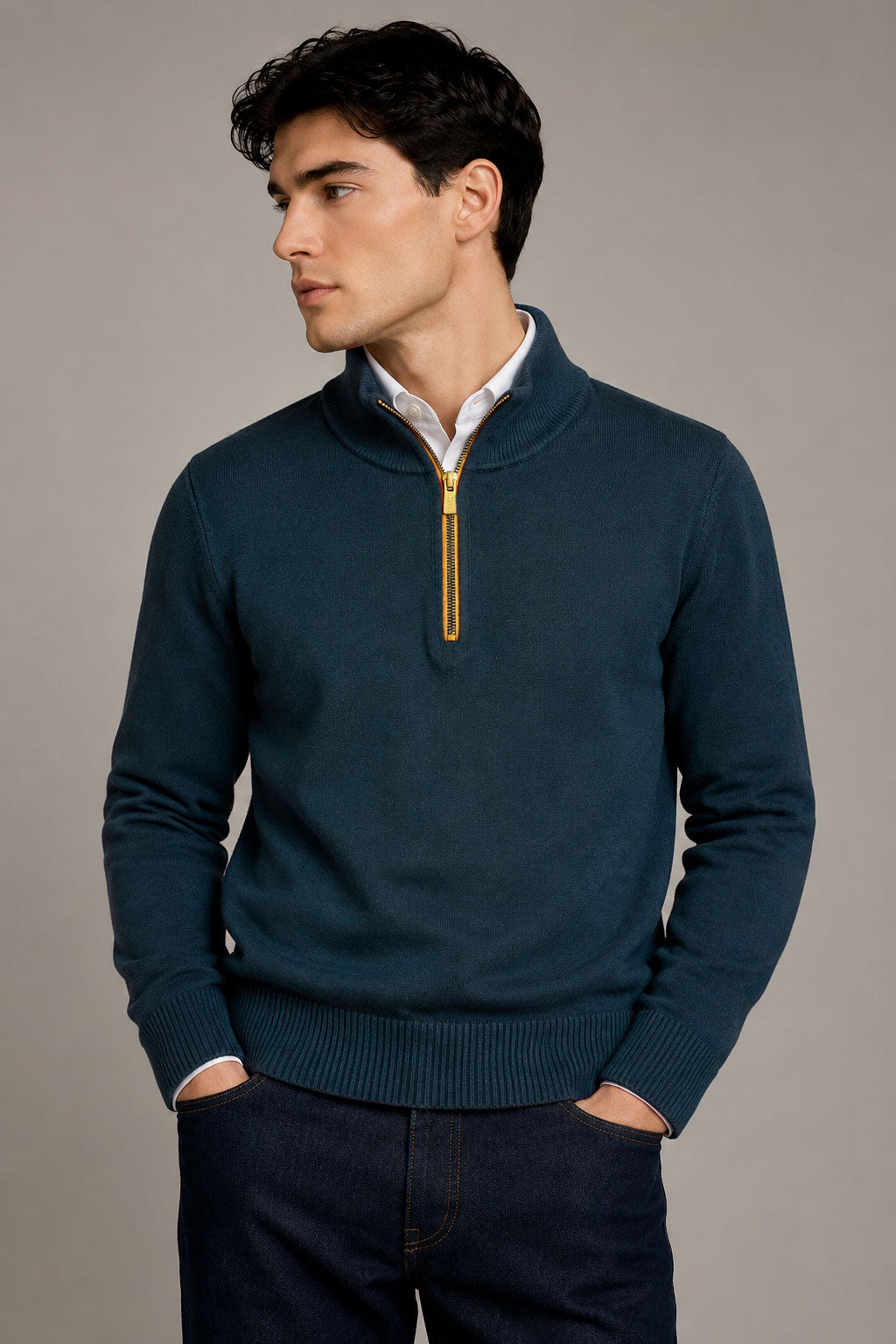 Suéteres Para Hombre Cuello Alto y Cremallera De Punto Fino E65302 Marino