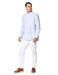 Camisas Para Hombre Bobois Moda Casuales De Manga Larga Tipo Lino Cuello Mao Con Aletilla Relaxed Fit B41317 Azul