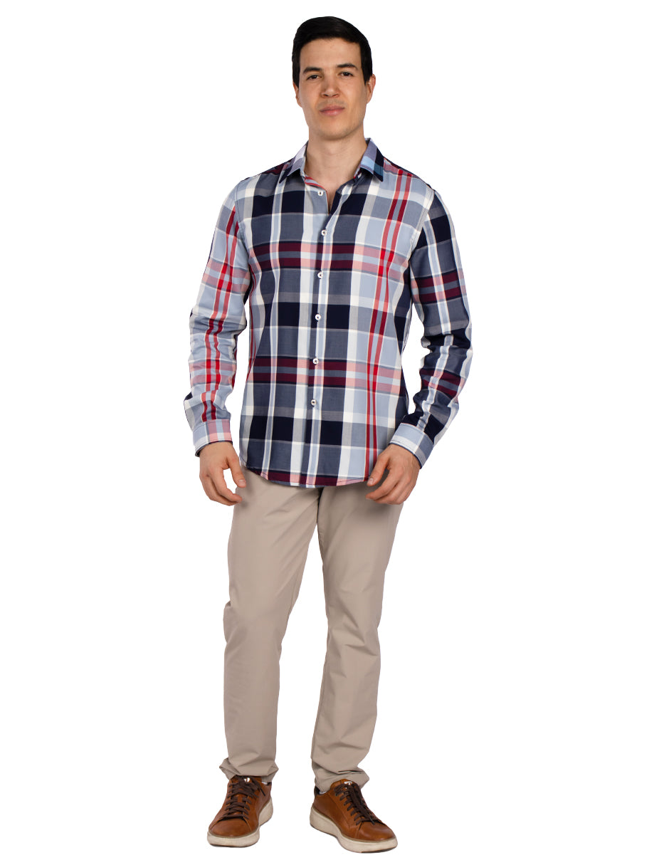 Camisas Para Hombre Manga Larga Bambú Cuadros B51336 Rojo