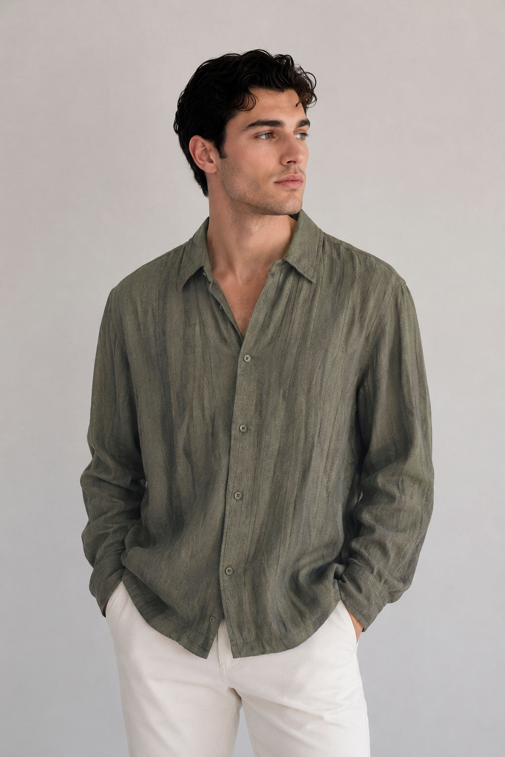 Camisas Para Hombre Manga Larga Tencel Con Lino Non Iron B55409 Olivo