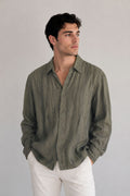 Camisas Para Hombre Manga Larga Tencel Con Lino Non Iron B55409 Olivo