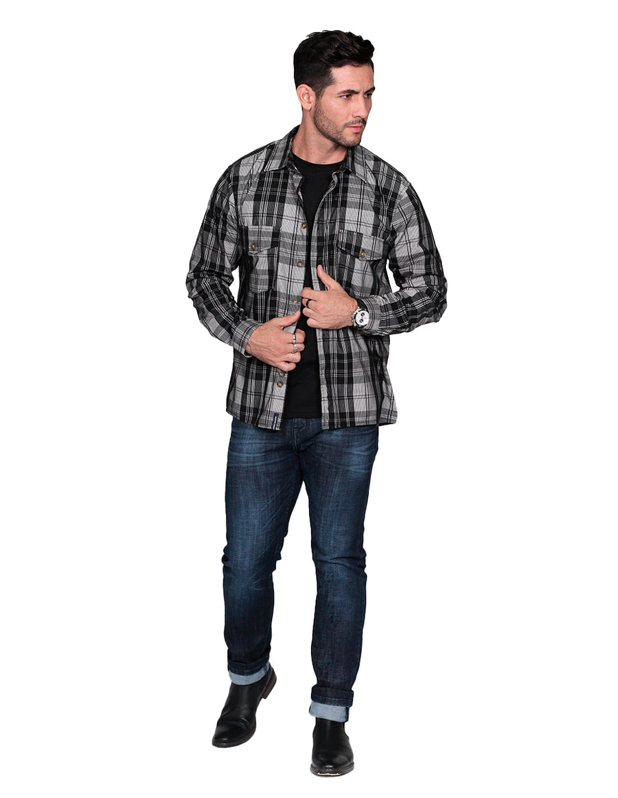 Camisas Para Hombre Bobois Moda Casuales De Manga Larga Tipo Pana Con Estampado De Cuadros Relaxed Fit B35123 Gris