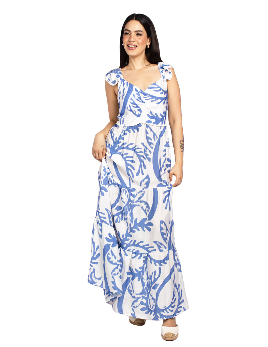 Vestidos Para Mujer Largo Fresco Con Olanes S51119 Azul