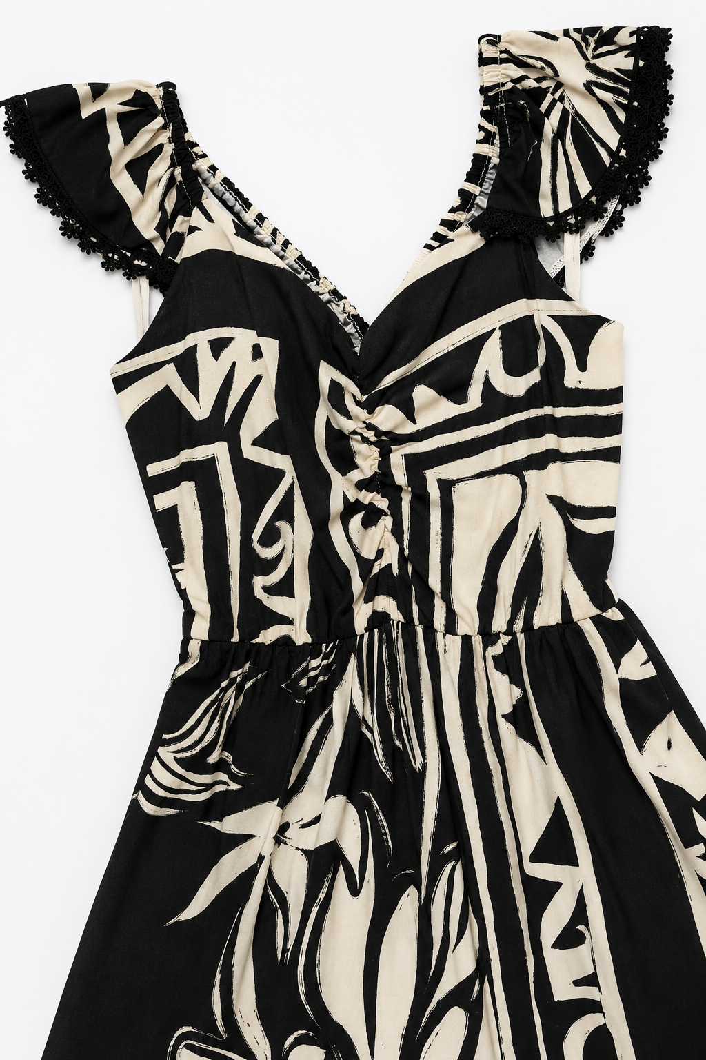 Vestidos Para Mujer Cuello V Largo Con Olanes S61110 Hueso/Negro
