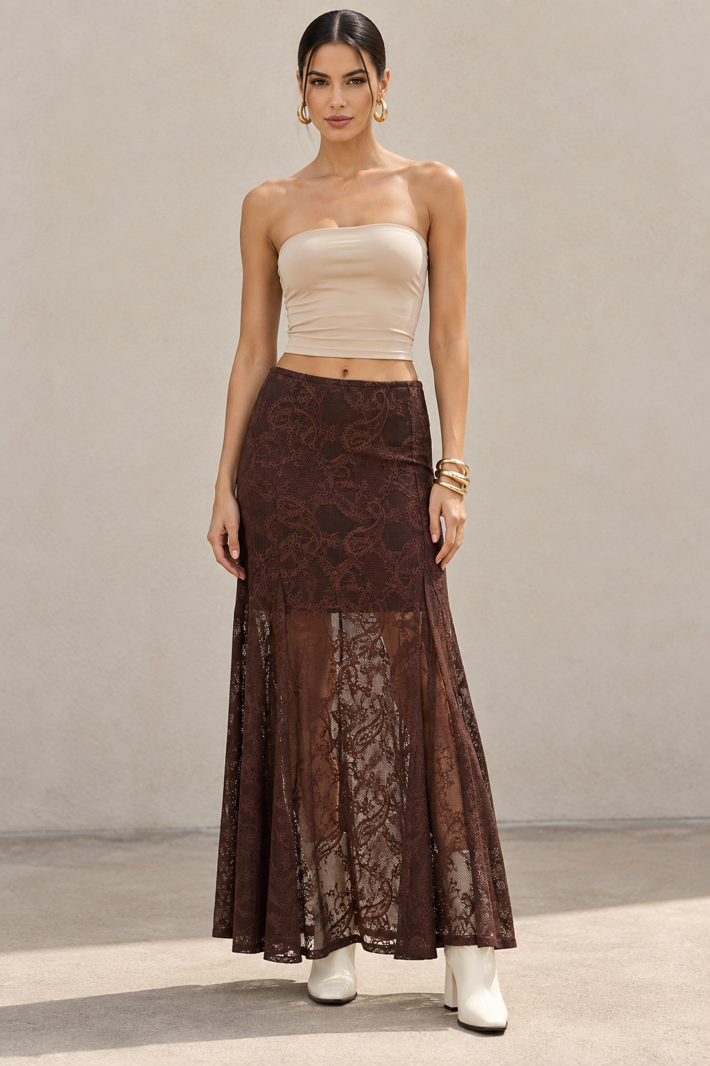 Faldas Para Mujer De Encaje Paisley Con Transparencia X63101 Café
