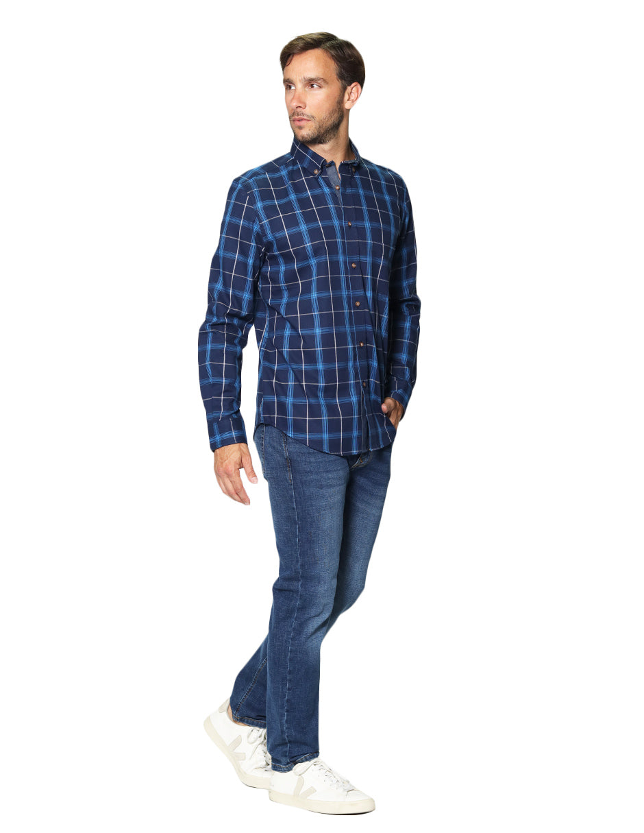 Camisas Para Hombre Manga Larga Estampado Cuadros B45113 Marino