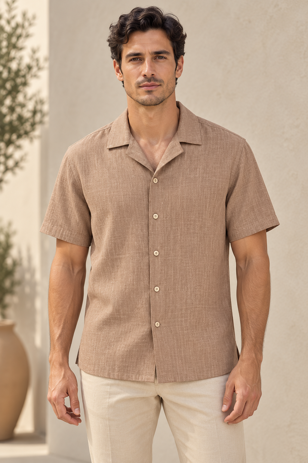 Camisas Para Hombre Tipo Lino Corte Relaxed Estilo Resort B61551 Cocoa