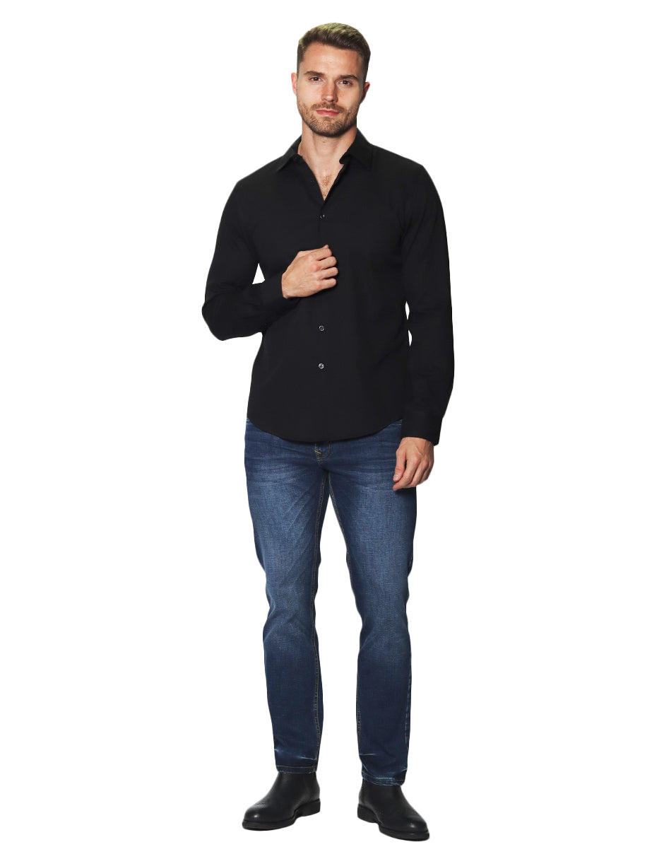 Camisas Para Hombre Manga Larga Micro Cuadros Jackard B45305 Negro