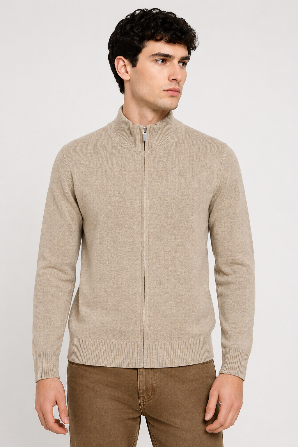 Suéteres Para Hombre Básico Con Cierre De Punto Fino E65304 Beige