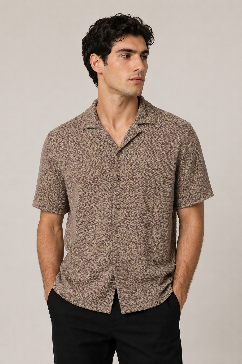 Camisas Para Hombre Manga Corta Con Tejido de Punto B65457 Moca