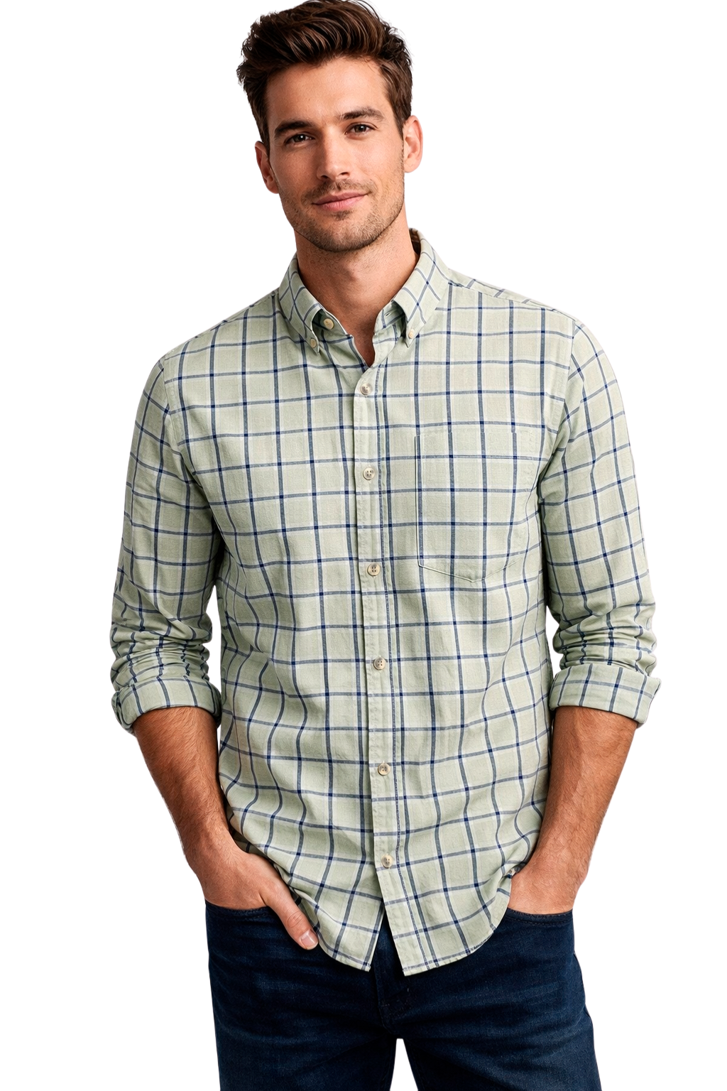 Camisas Para Hombre De Algodón Estampado Cuadros B61104 Verde