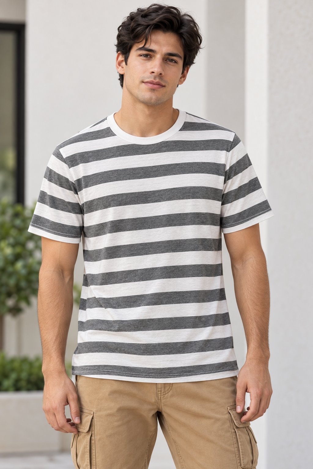 Playeras Para Hombre De Manga Corta Con Estampado De Rayas A41112 Gris