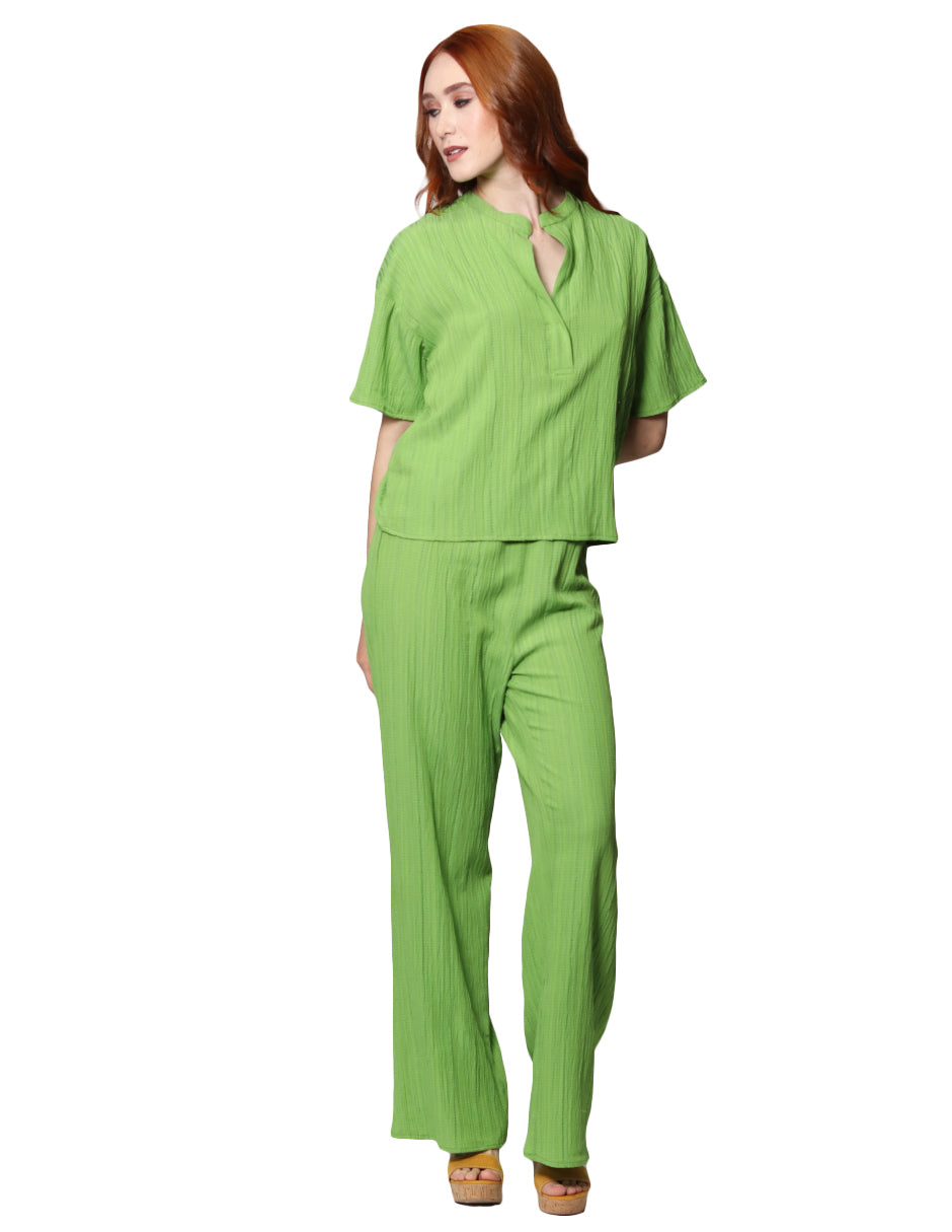 Pantalones Para Mujer Basico Corrugado De Tiro Alto W41142 Verde