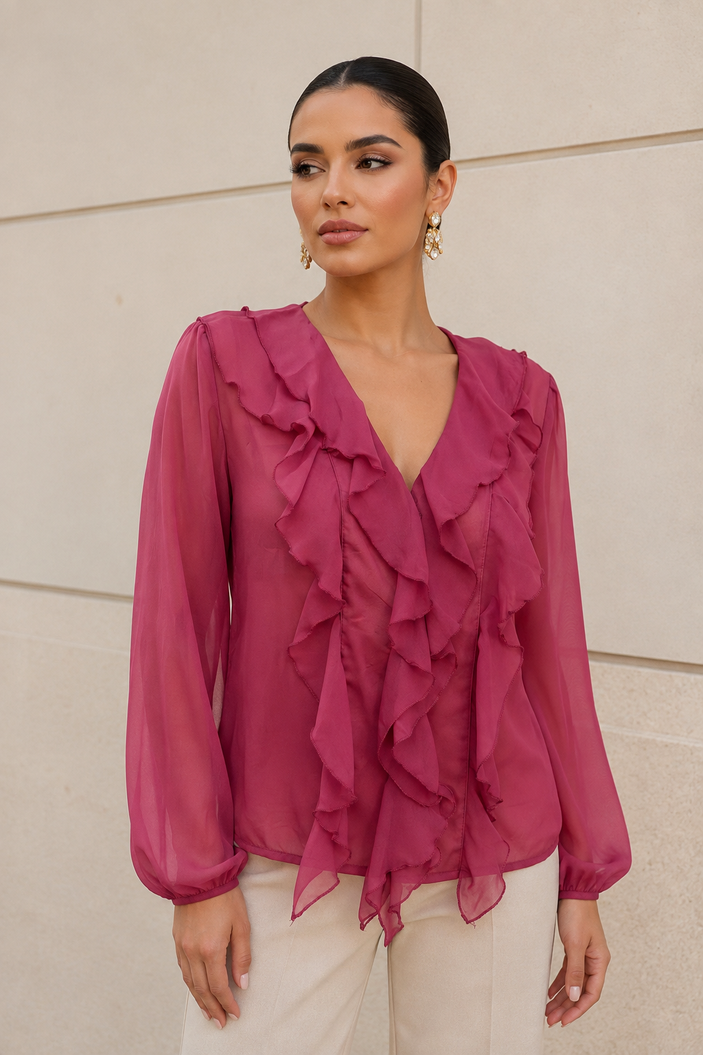 Blusas Para Mujer Chiffon Con Olanes N63101 Mauve