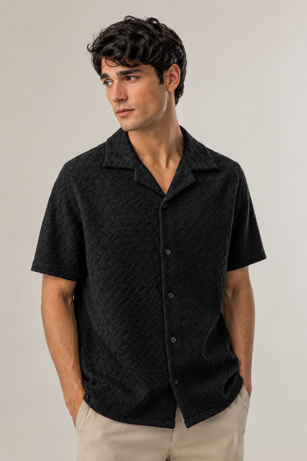 Camisas Para Hombre Manga Corta Crochet Textura Zizag B65456 Negro