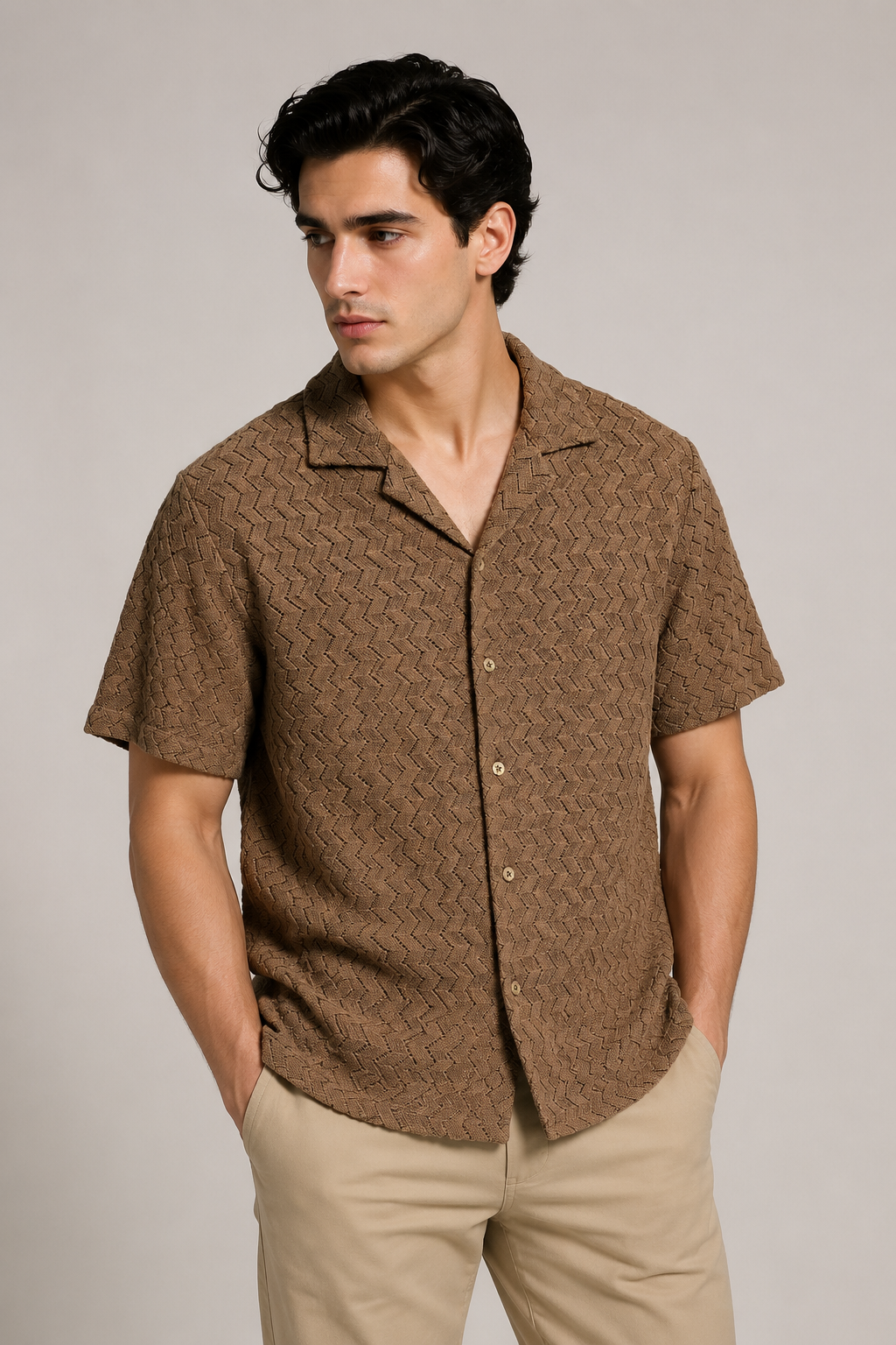Camisas Para Hombre Manga Corta Crochet Textura Zizag B65456 Café