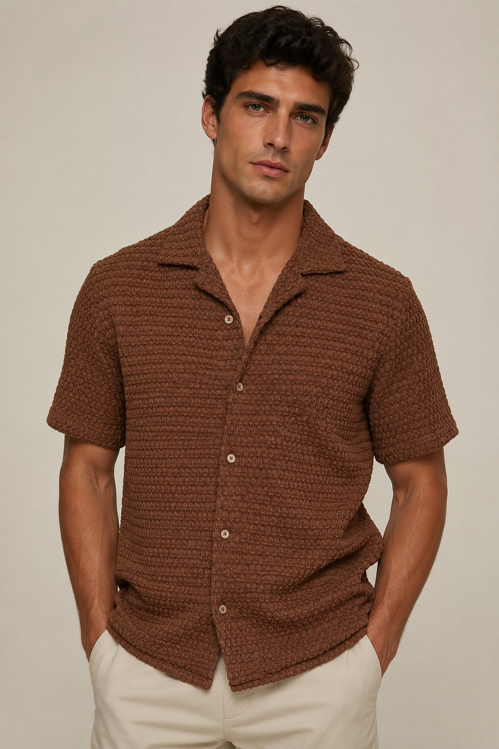 Camisas Para Hombre Manga Corta Tejido Punto B65458 Tabaco