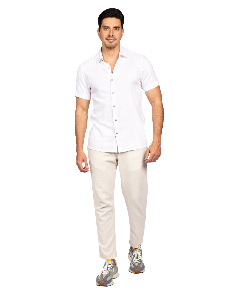 Camisas Para Hombre Estilo Lino Liso B51372 Blanco