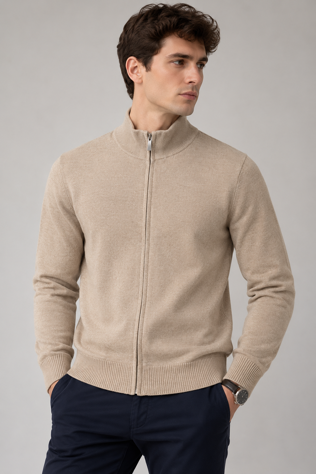 Suéteres Para Hombre Básico Con Cierre De Punto Fino E65304 Beige