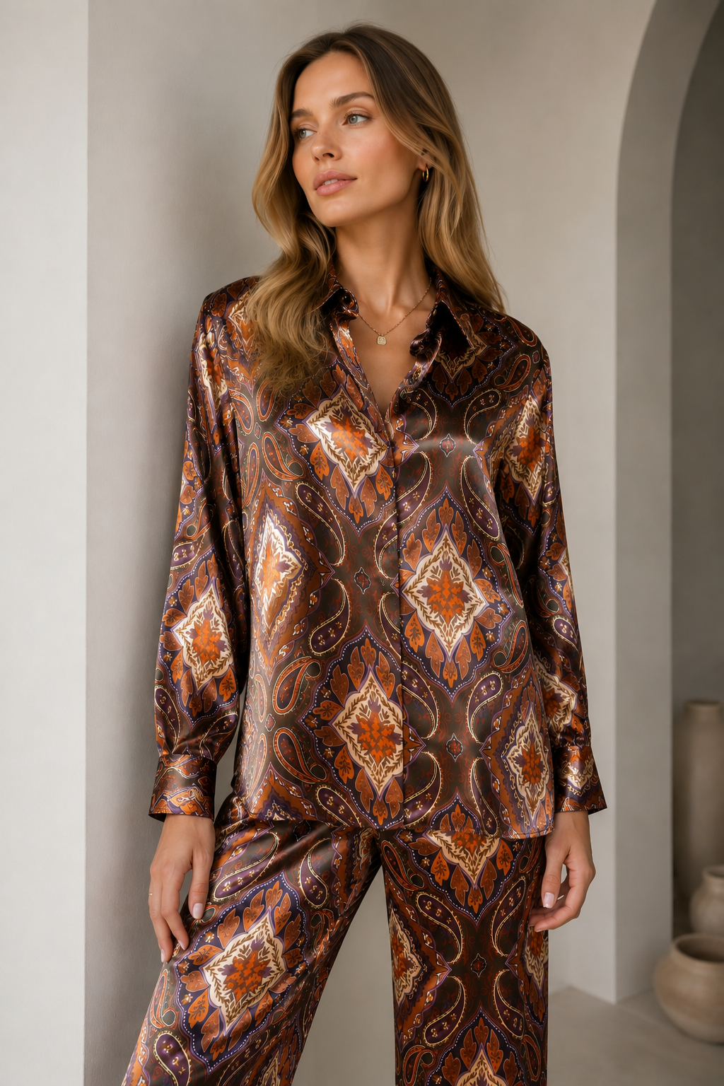 Blusas Para Mujer Satinada Manga Larga Con Estampado Paisley N63119 Unico