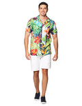Camisas Para Hombre Bobois Moda Casuales De Manga Corta Cuello Abierto Con Estampado Tropical Relaxed Fit B41585 Verde