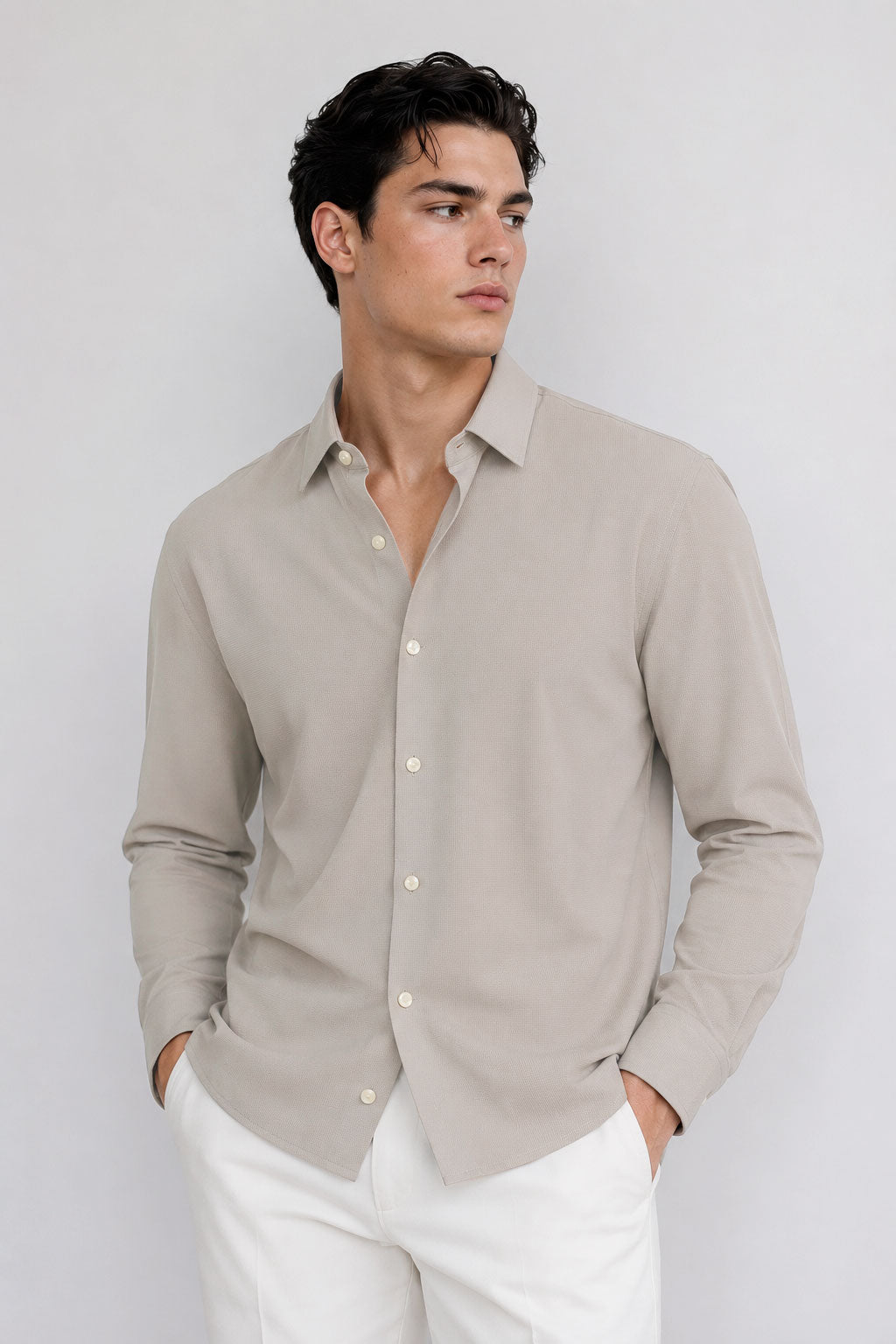 Camisas Para Hombre Super Stretch Con Textura Non Iron B55403 Beige