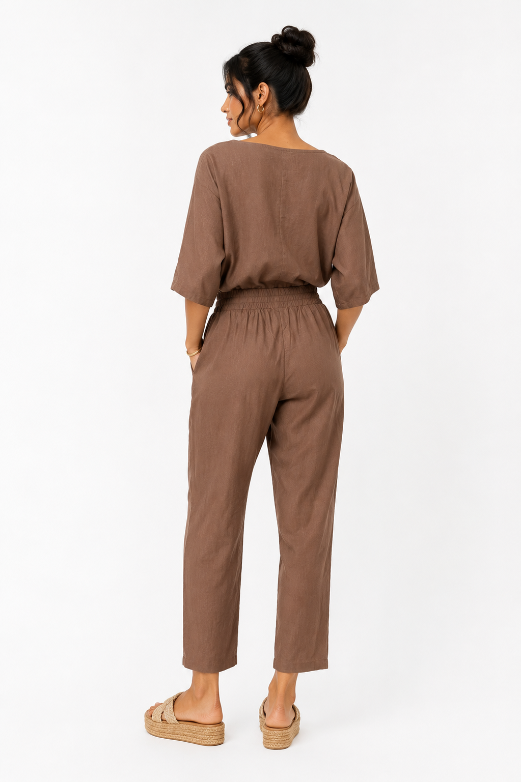 Pantalones Para Mujer Liso Tipo Lino Con Jareta W61116 Cocoa
