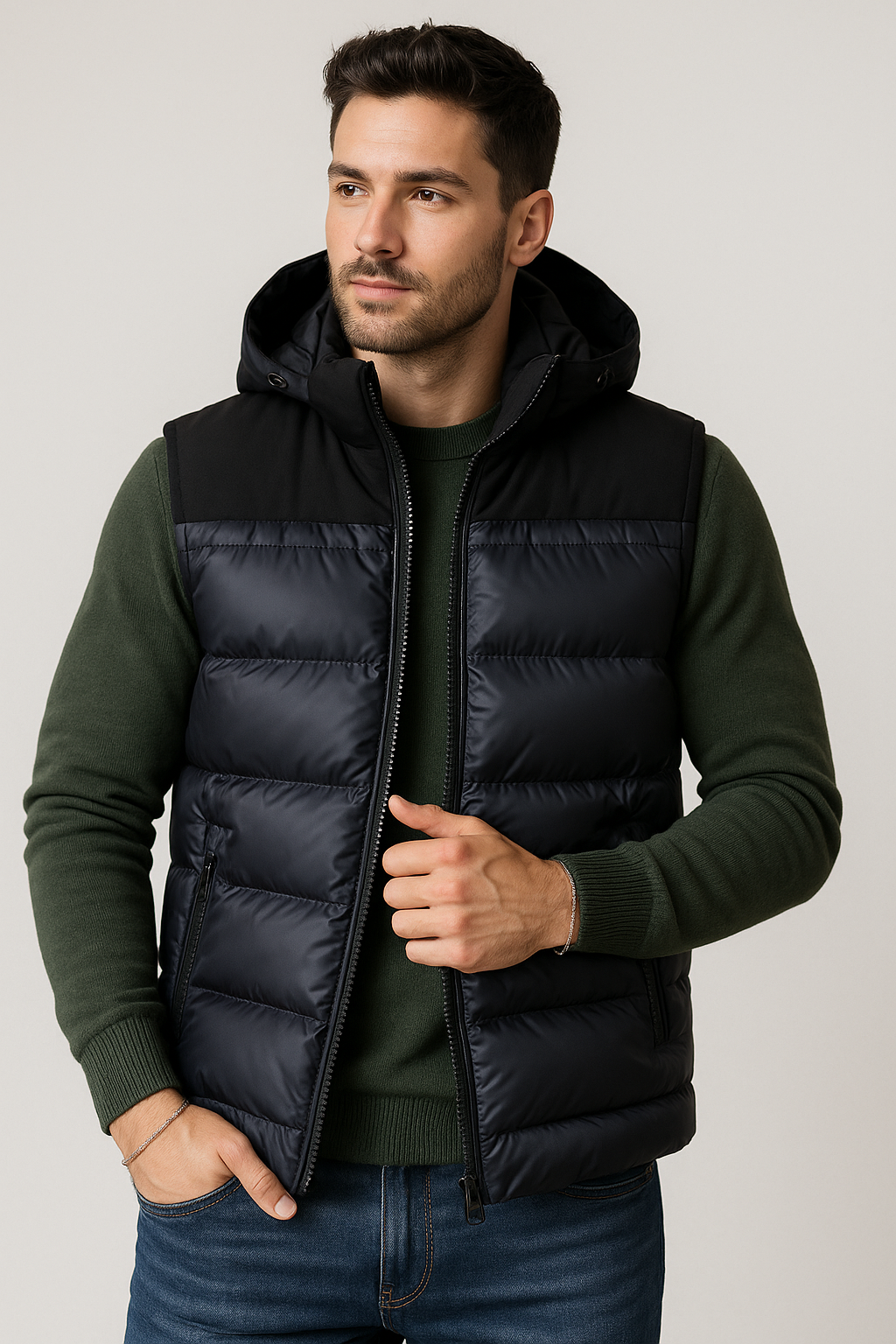 Chalecos Para Hombre Tipo Puffer Con Capucha H45305 Marino