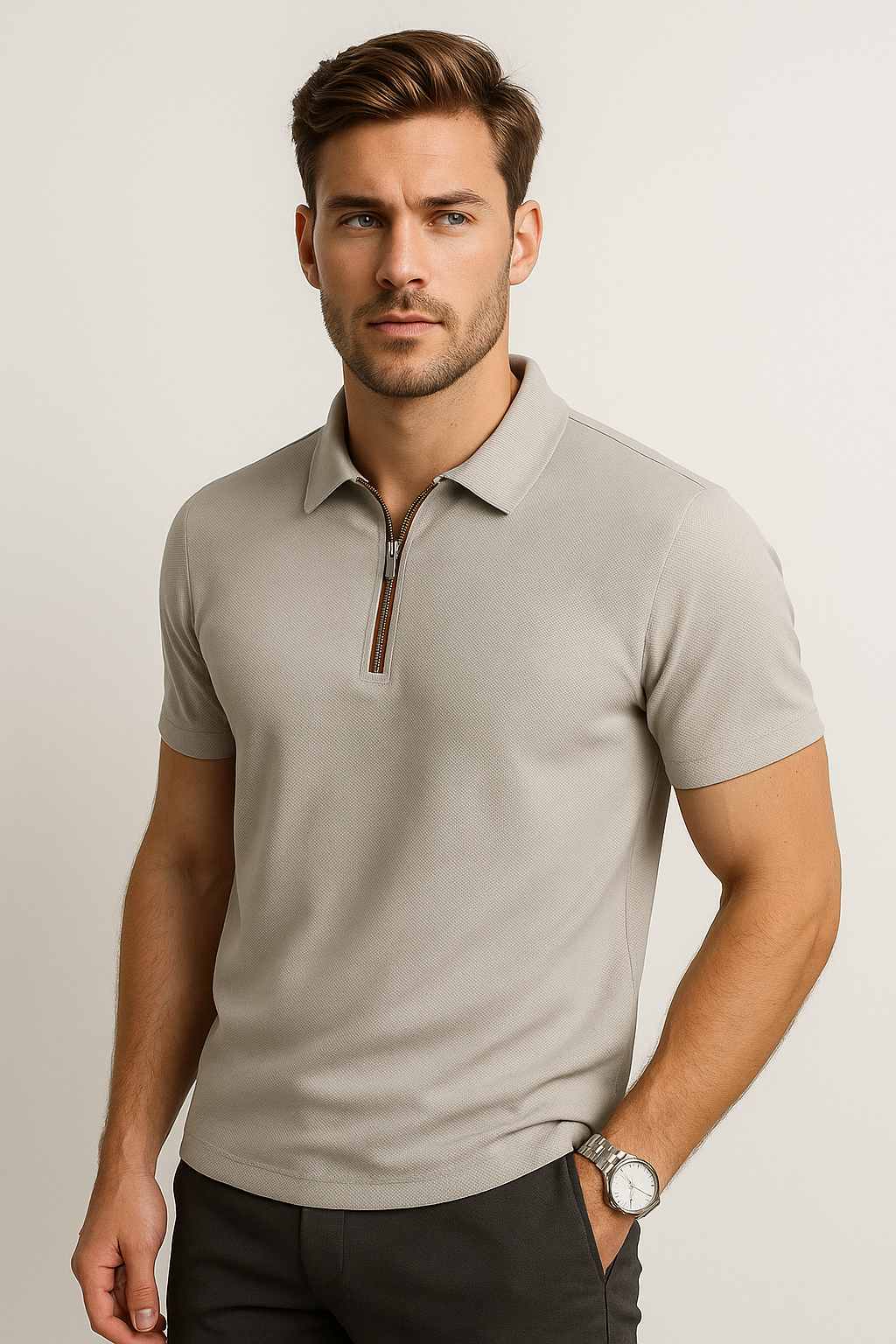Playeras Polo Para Hombre Premium Con Cierre A55403 Gris