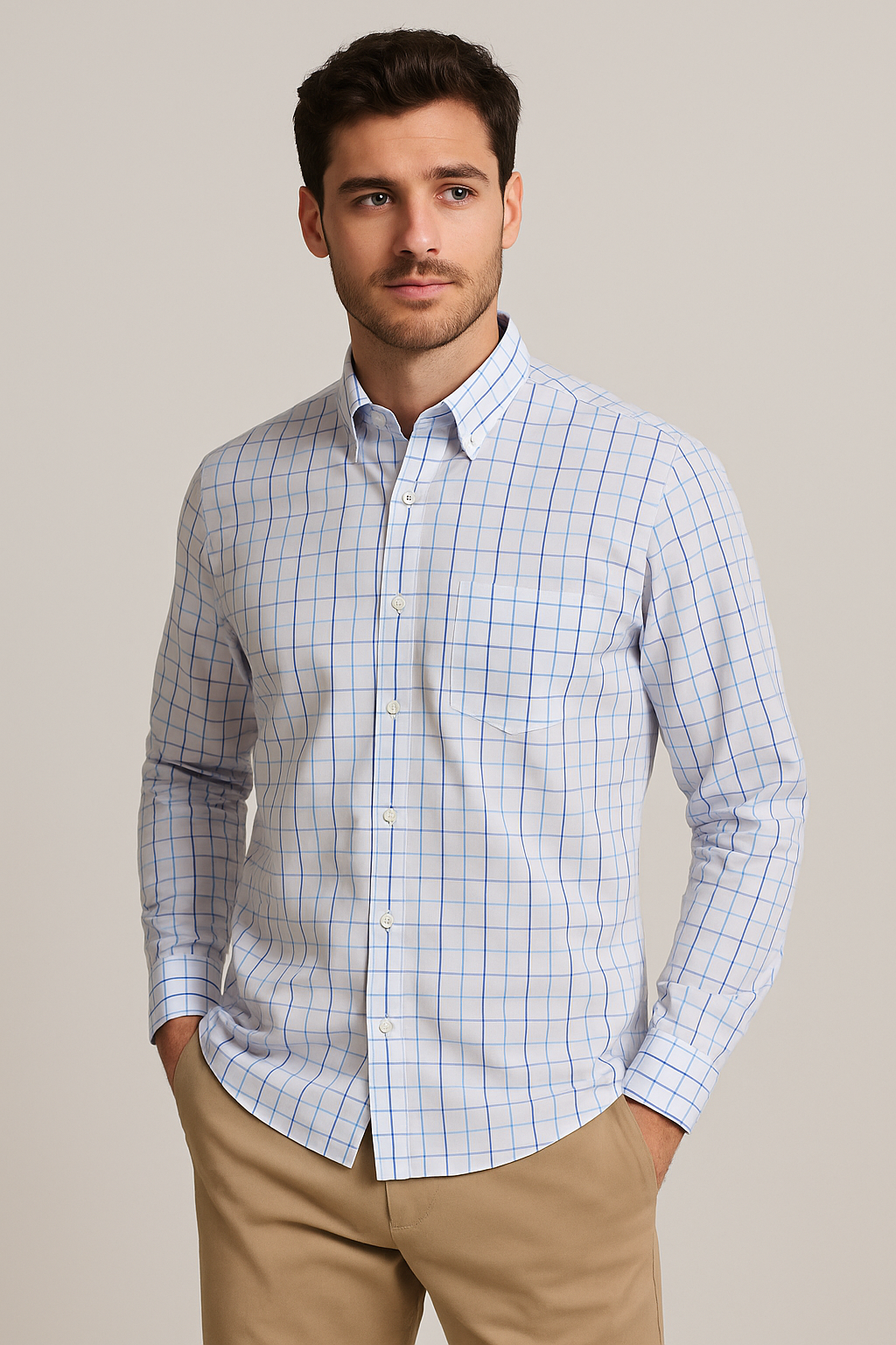 Camisas Para Hombre Cuadros Clásica Con Bolsillo B55201 Blanco